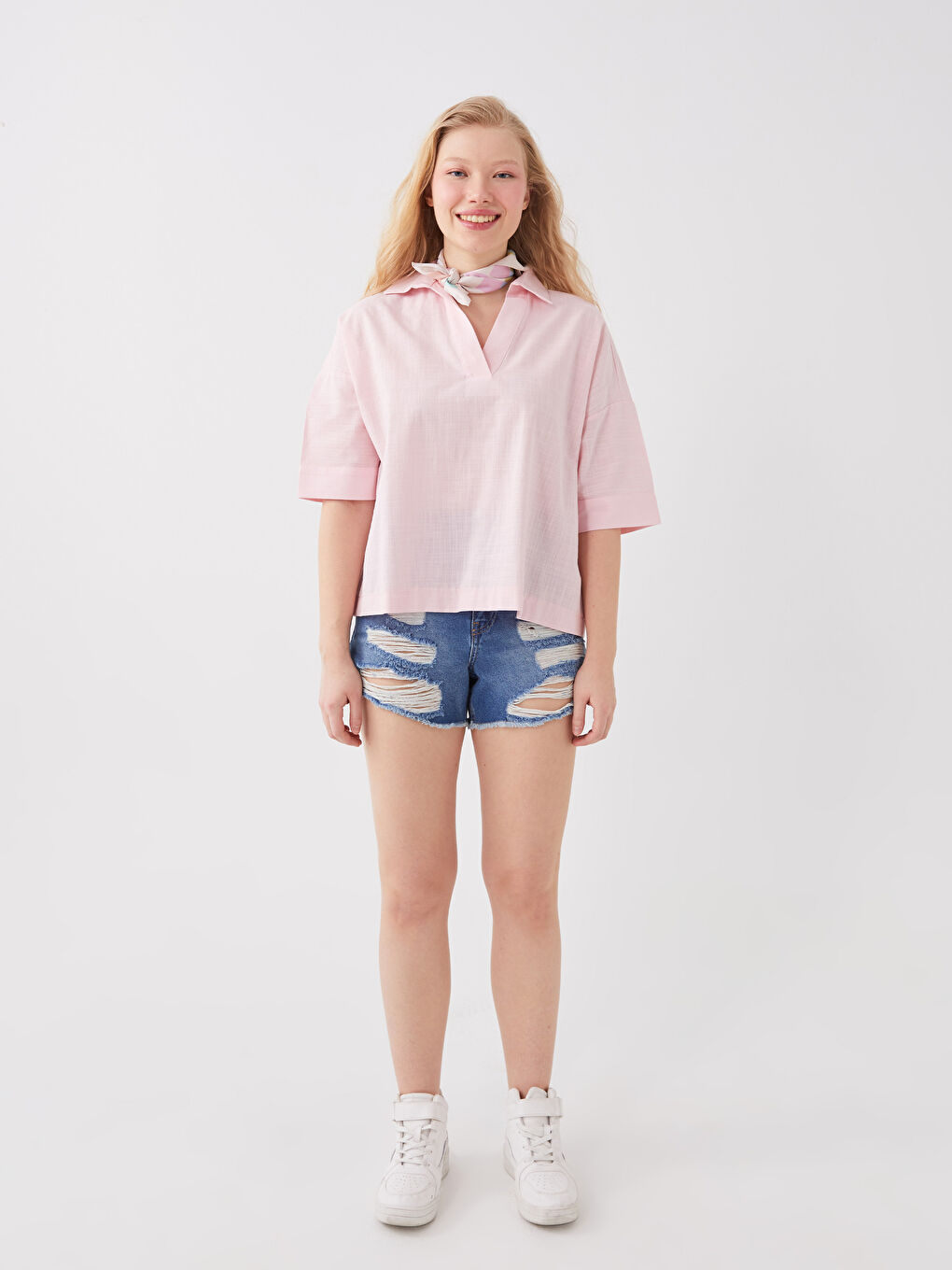 Pembe Gömlek Yaka Düz Kısa Kollu Oversize Kadın Bluz-2