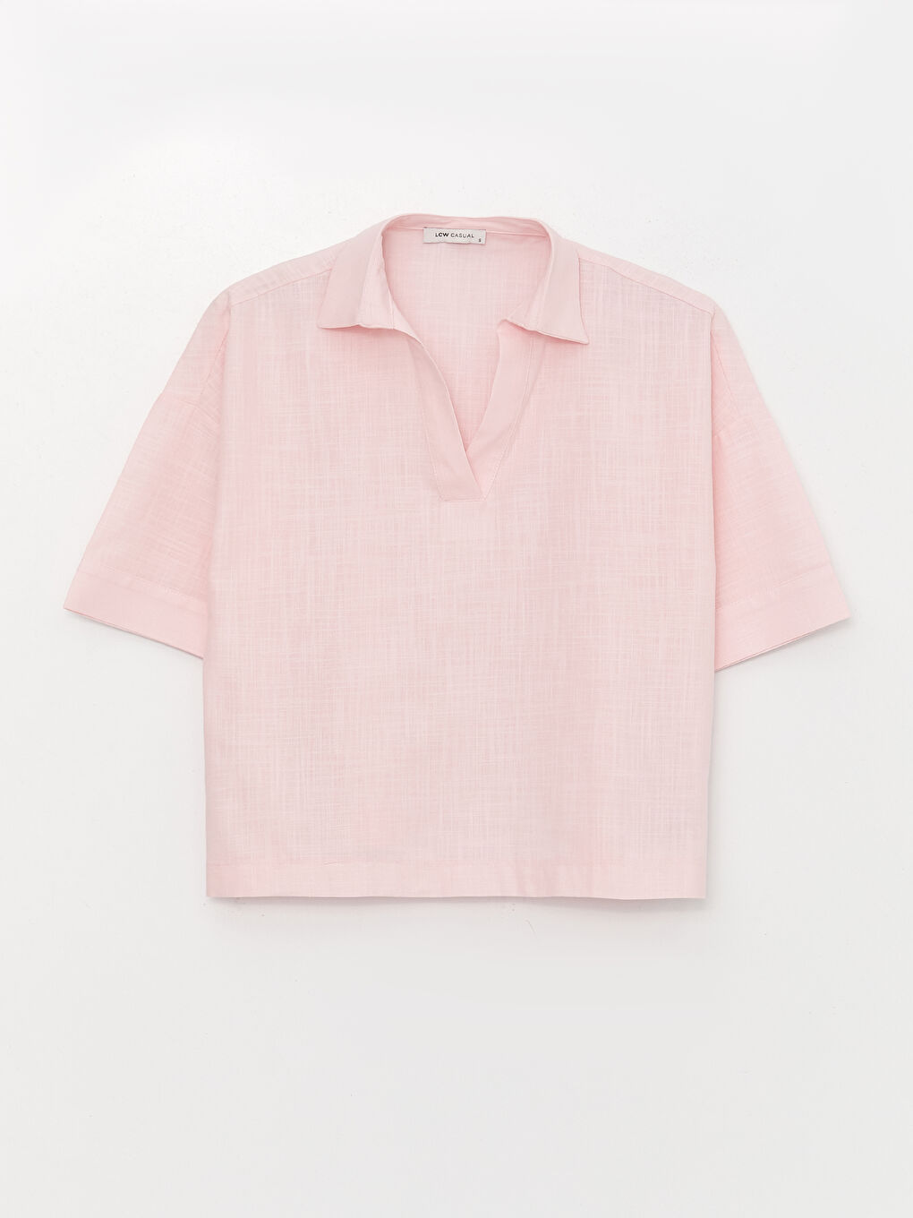 Pembe Gömlek Yaka Düz Kısa Kollu Oversize Kadın Bluz-5