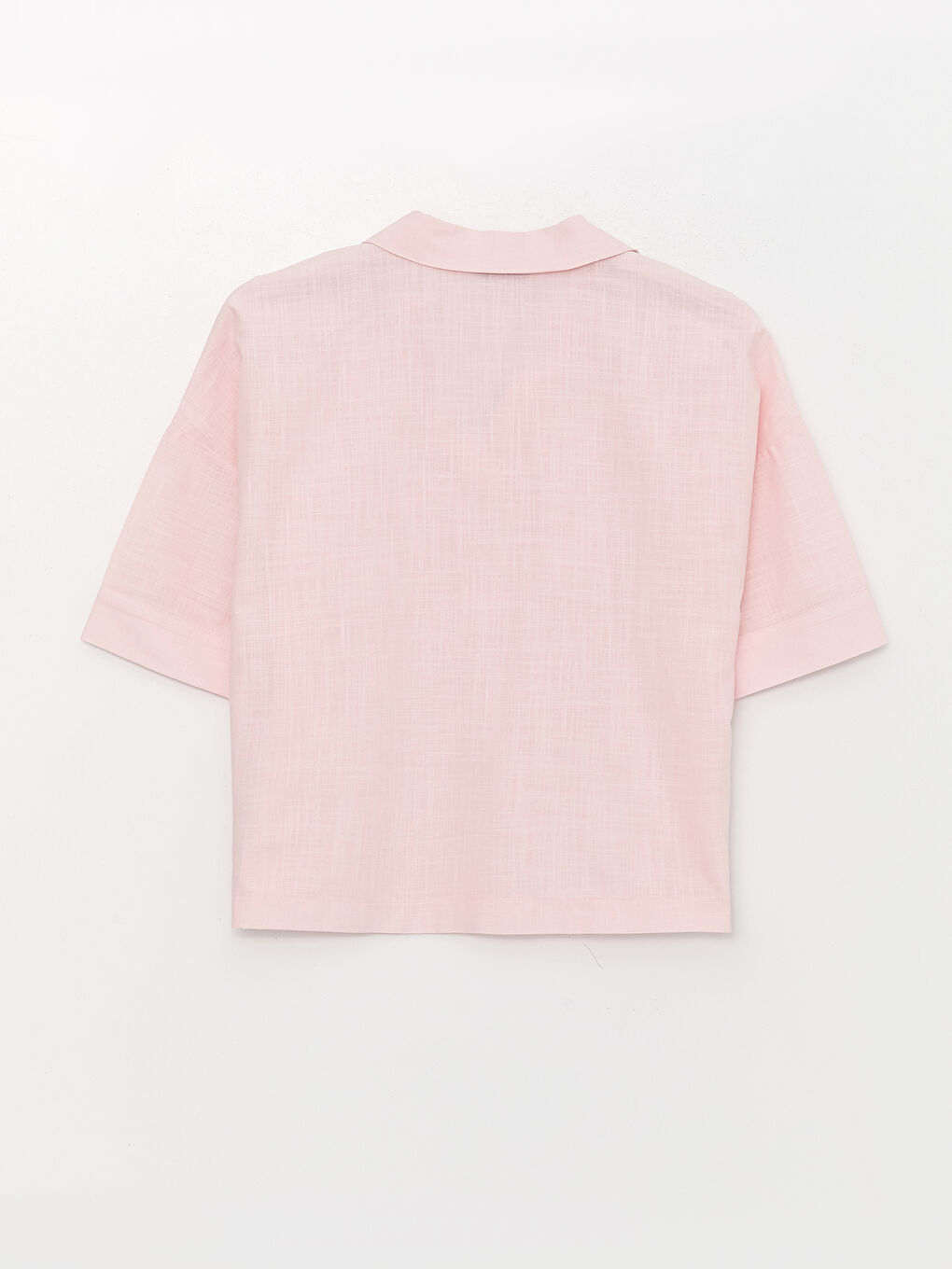 Pembe Gömlek Yaka Düz Kısa Kollu Oversize Kadın Bluz-6