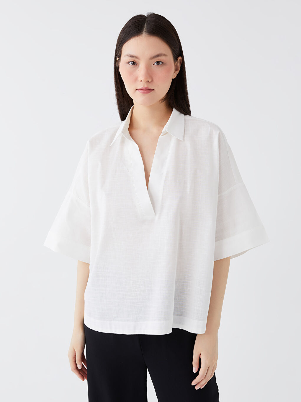 Kragenhals Schlicht Kurzarm Oversize Bluse für Damen-3