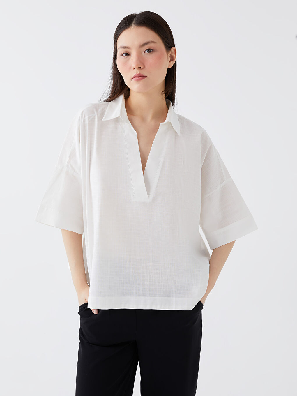 Kragenhals Schlicht Kurzarm Oversize Bluse für Damen-4