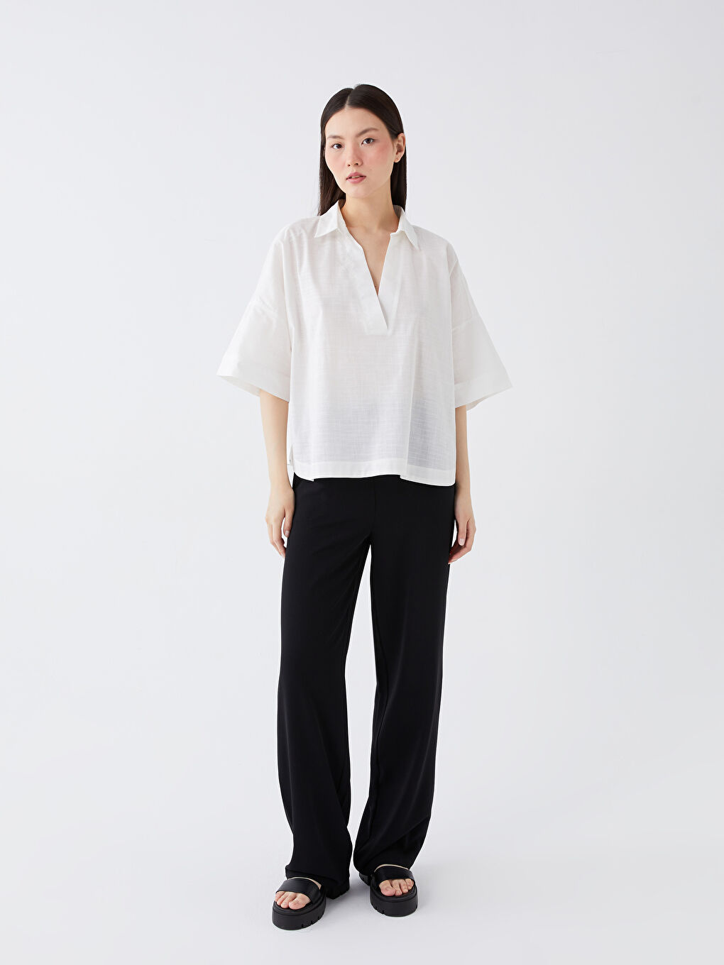 Kragenhals Schlicht Kurzarm Oversize Bluse für Damen-5