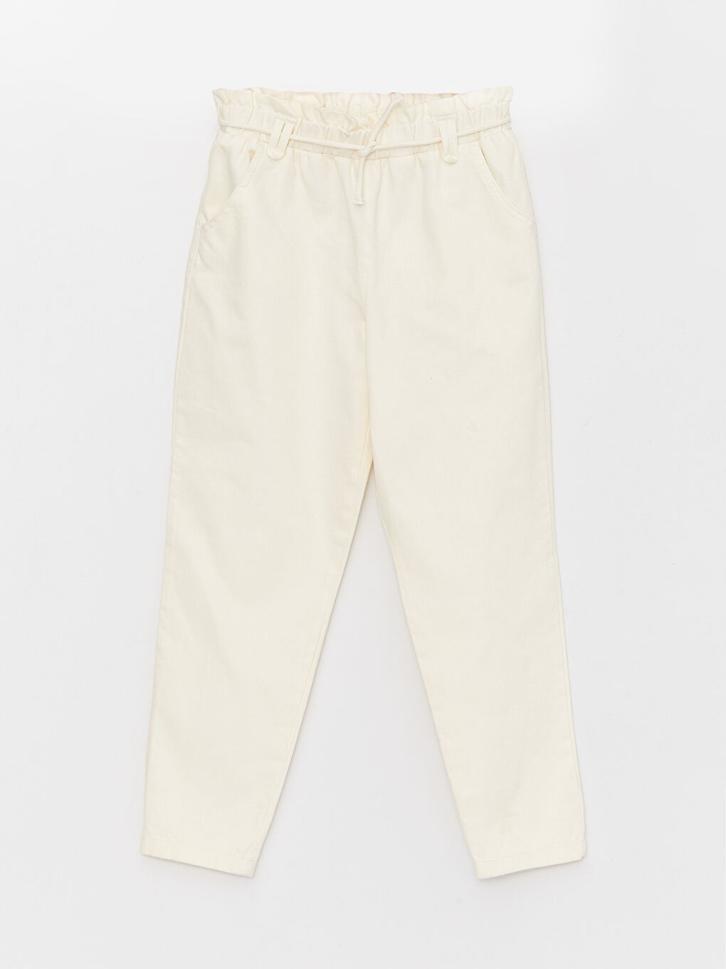 Ekru Beli Lastikli Mom Fit Kız Çocuk Pantolon