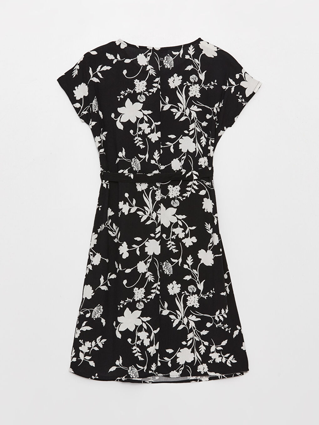 Siyah Bisiklet Yaka Desenli Kısa Kollu A Kesim Kadın Elbise-6