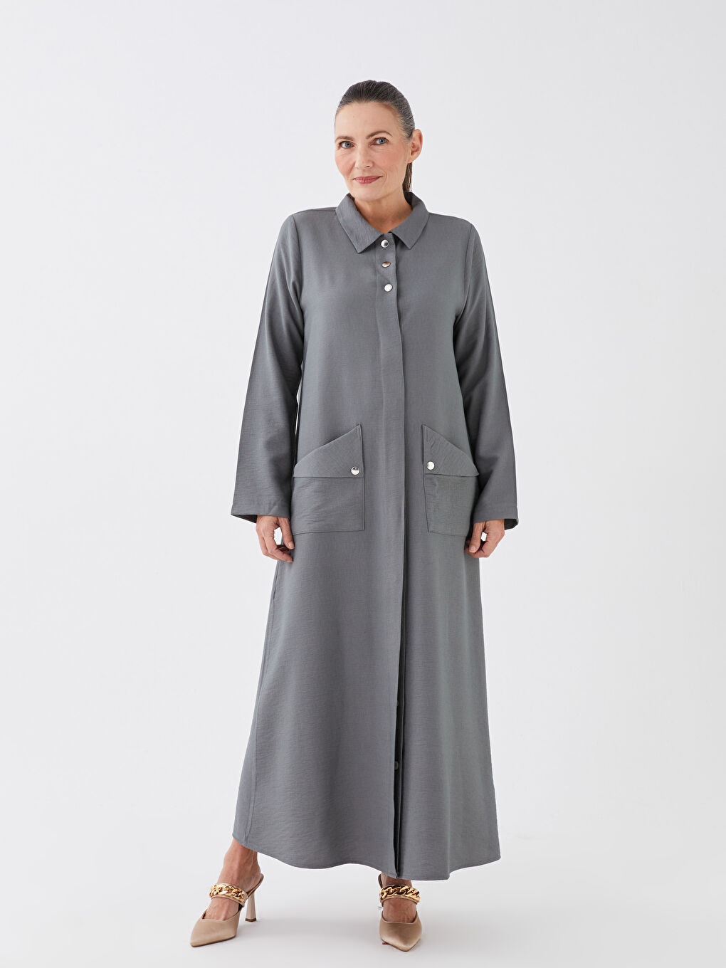 Haki Gömlek Yaka Düz Uzun Kollu A Kesim Kadın Ferace