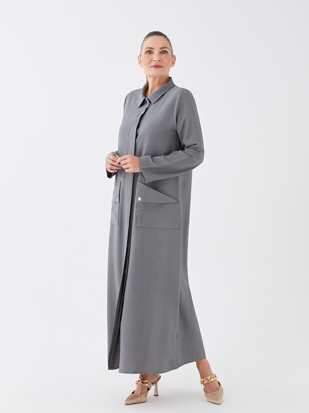 Haki Gömlek Yaka Düz Uzun Kollu A Kesim Kadın Ferace-1