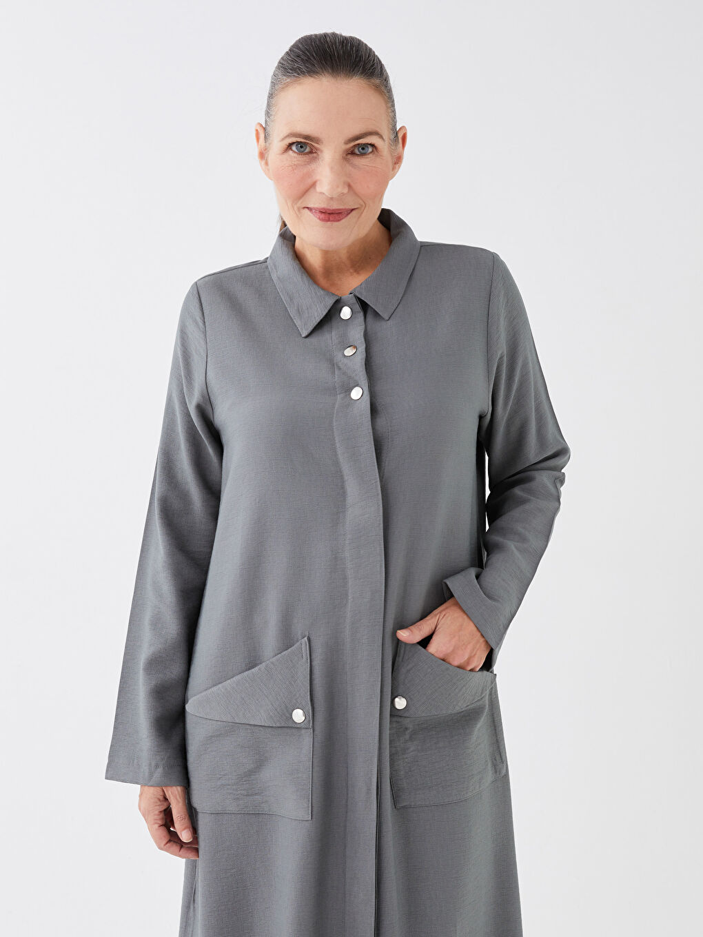 Haki Gömlek Yaka Düz Uzun Kollu A Kesim Kadın Ferace-2