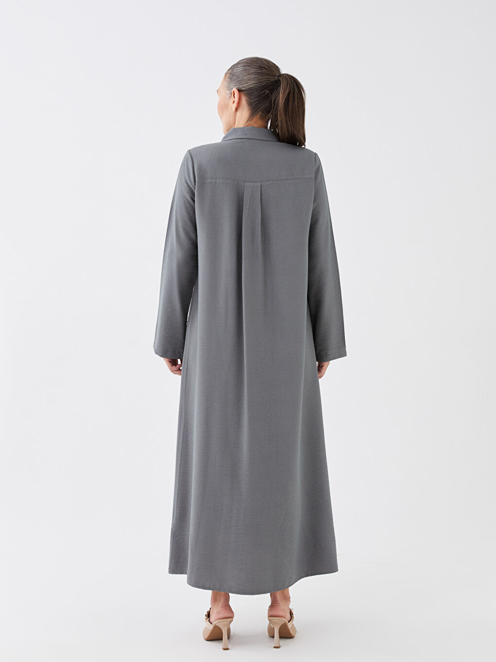 Haki Gömlek Yaka Düz Uzun Kollu A Kesim Kadın Ferace-4