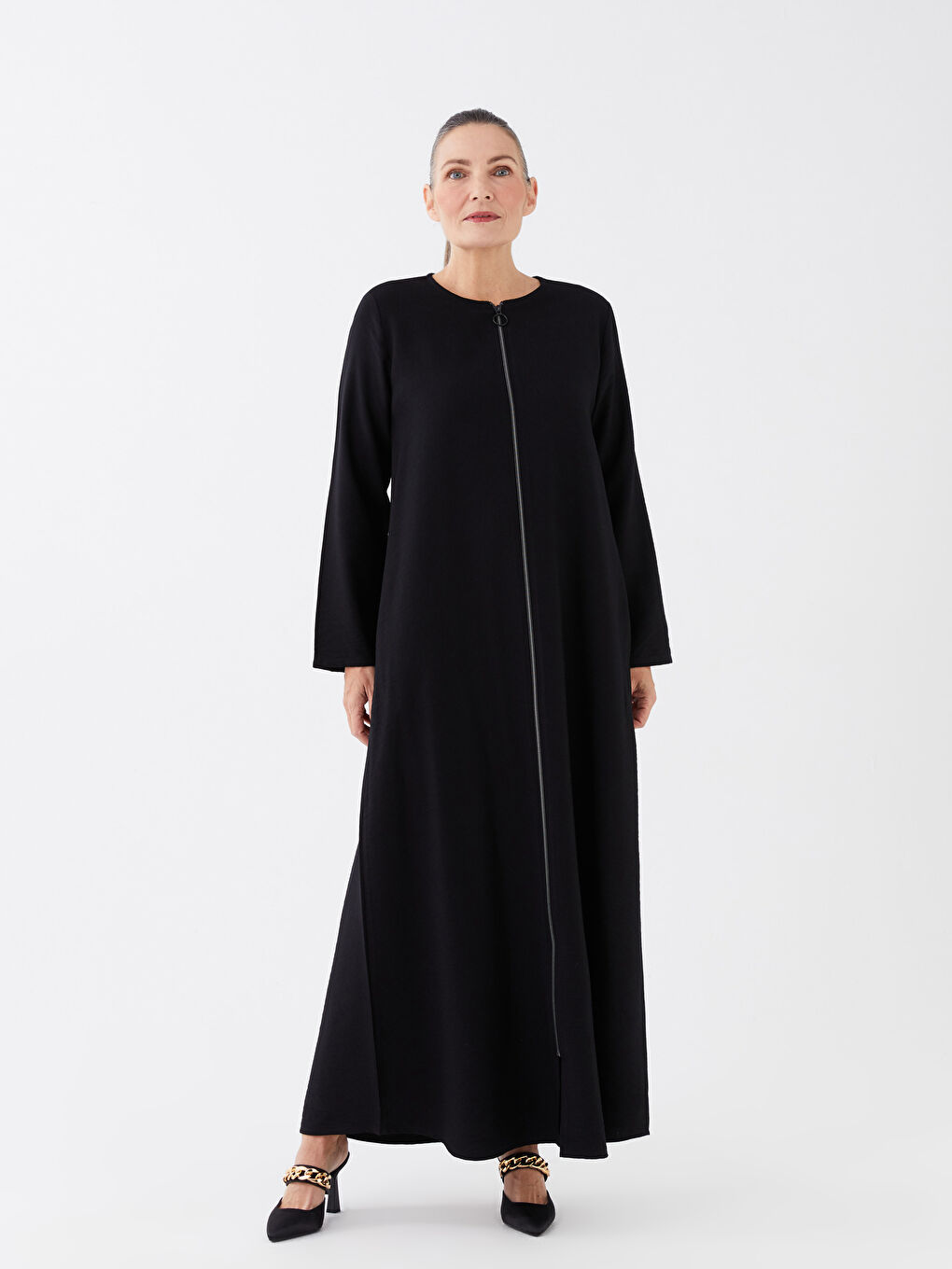 Siyah Bisiklet Yaka Düz Uzun Kollu Kadın Ferace-1