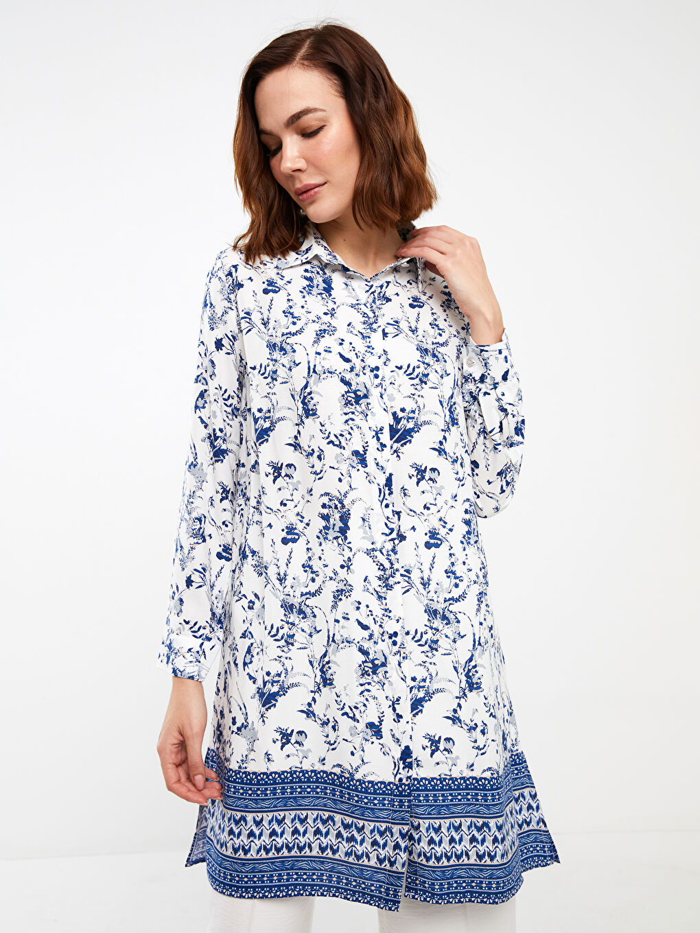Ekru Çiçekli Uzun Kollu Kadın Gömlek Tunik