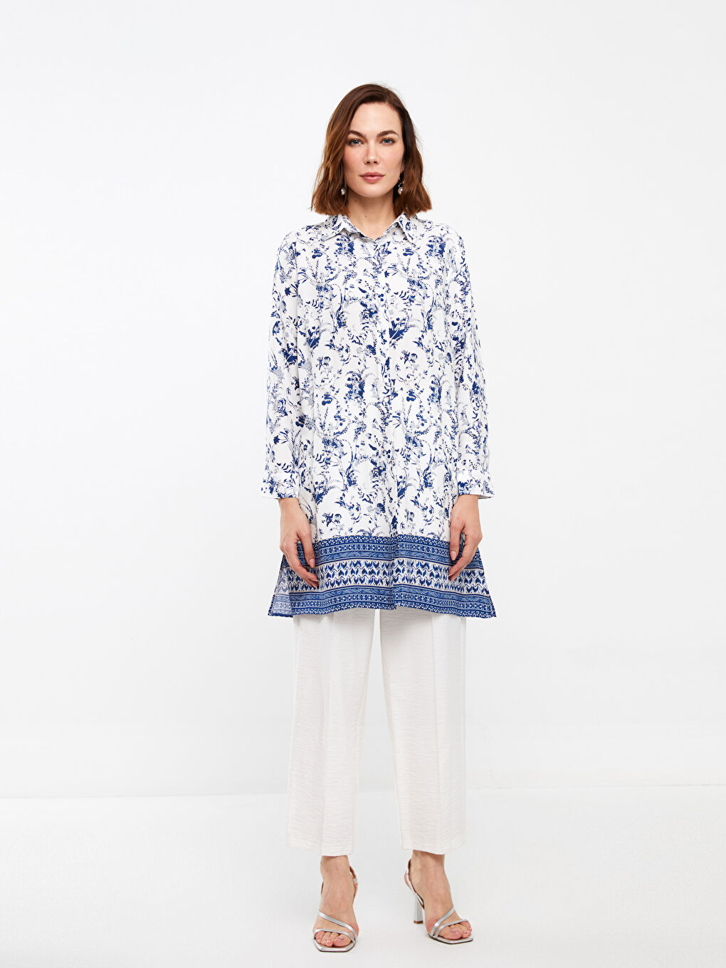 Ekru Çiçekli Uzun Kollu Kadın Gömlek Tunik-1