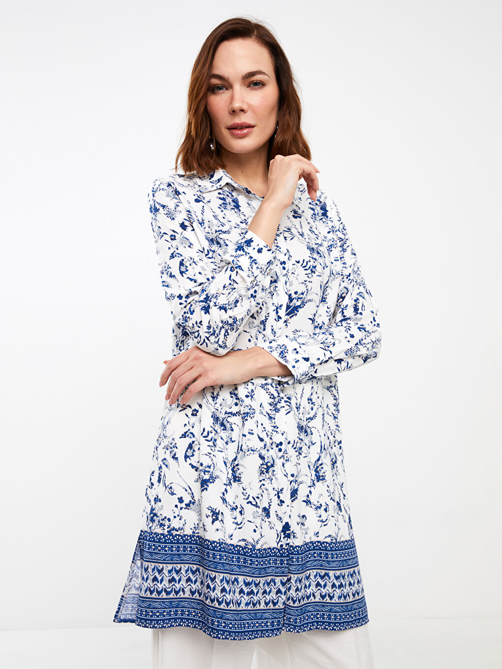 Ekru Çiçekli Uzun Kollu Kadın Gömlek Tunik-2