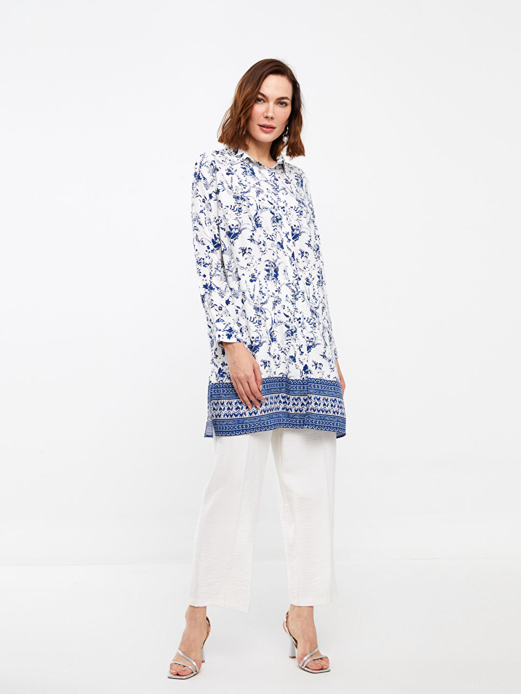 Ekru Çiçekli Uzun Kollu Kadın Gömlek Tunik-3