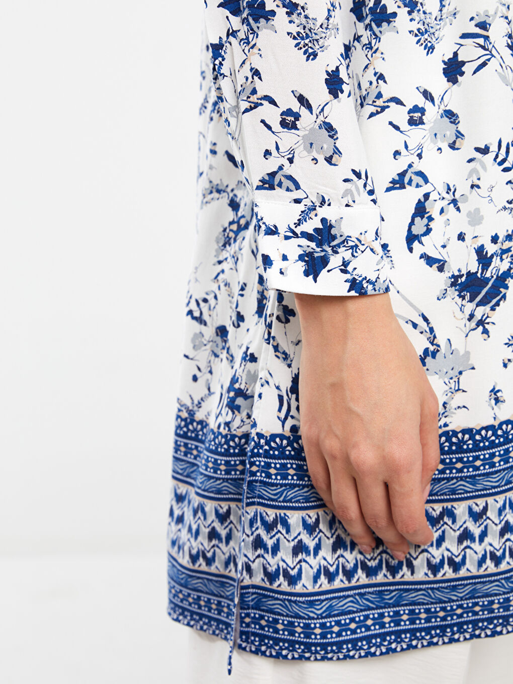 Ekru Çiçekli Uzun Kollu Kadın Gömlek Tunik-4