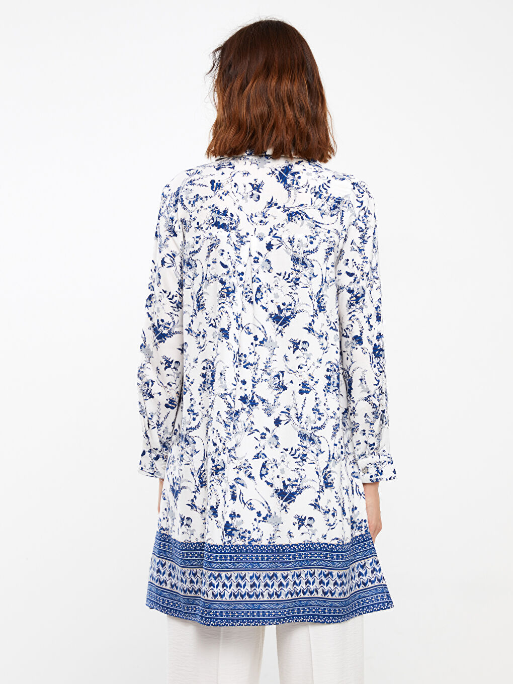 Ekru Çiçekli Uzun Kollu Kadın Gömlek Tunik-5