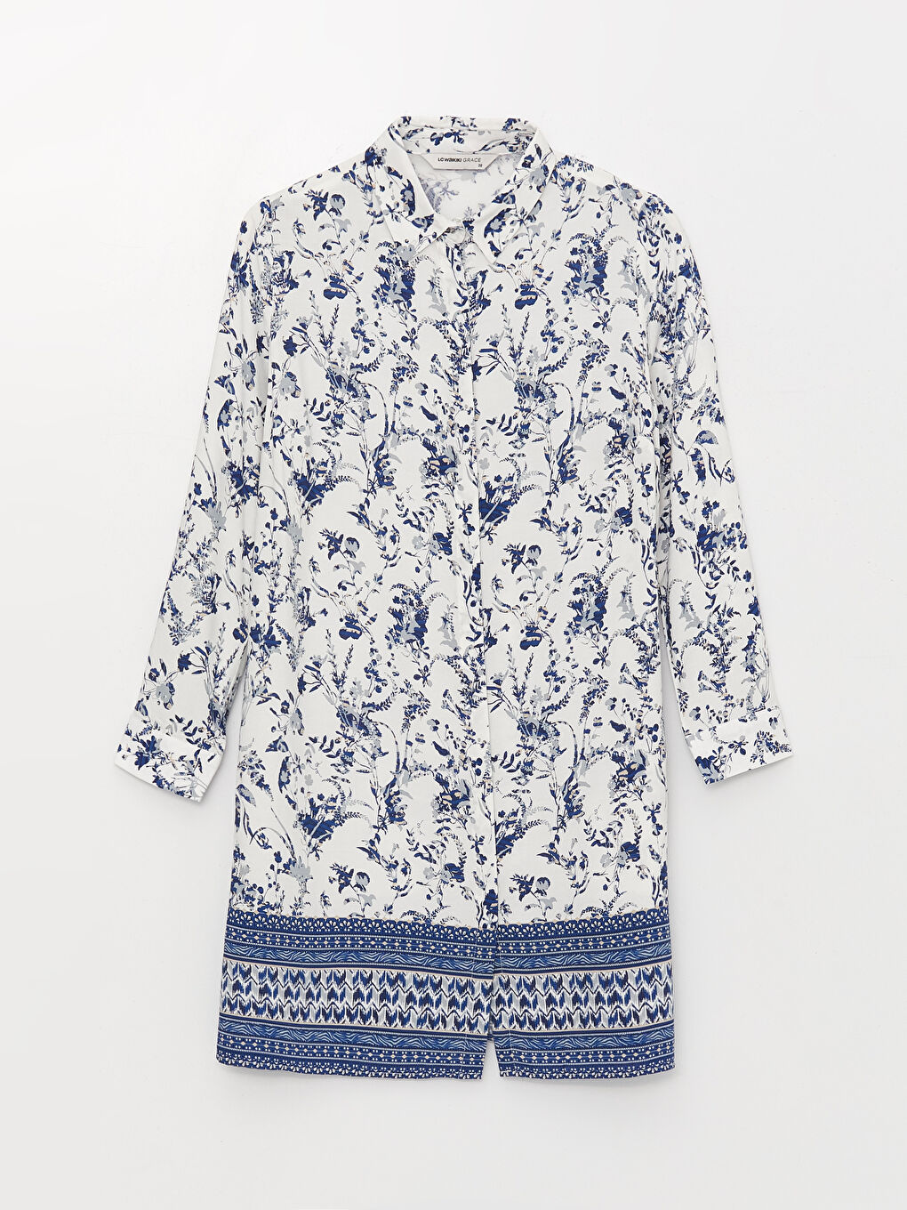 Ekru Çiçekli Uzun Kollu Kadın Gömlek Tunik-6