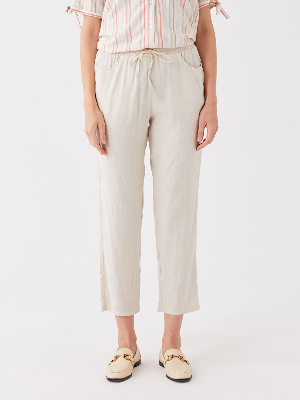 LCW Grace Elasticated Waist Plain Linen Blend Women's Trousers -S3EY21Z8-QW4