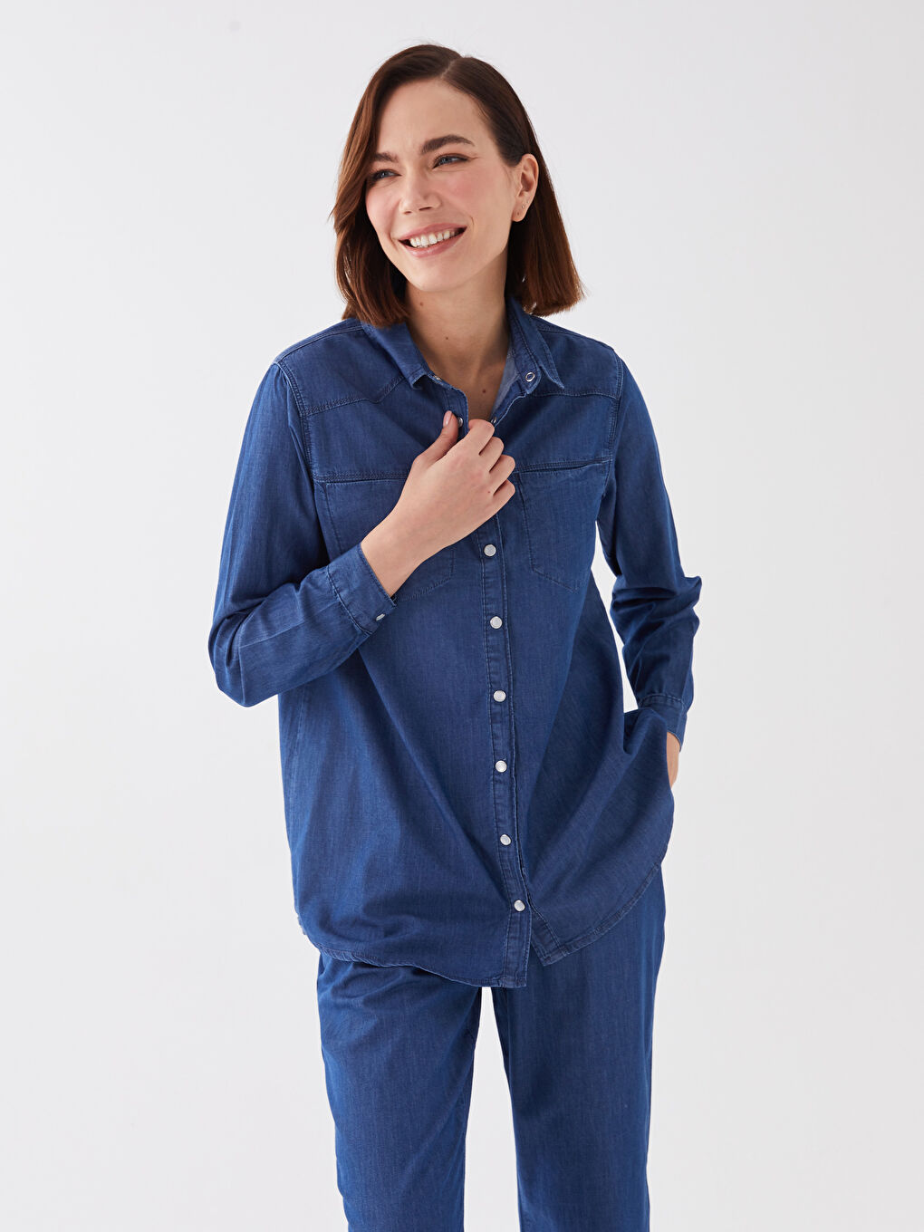 Collared Neck Plain Long Sleeve Women's Denim Tunic