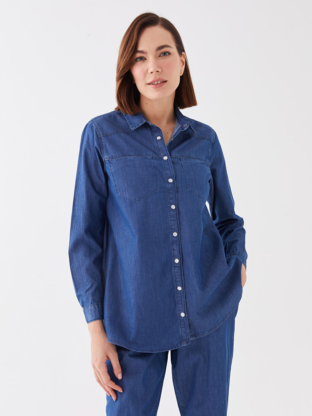 Collared Neck Plain Long Sleeve Women's Denim Tunic-1