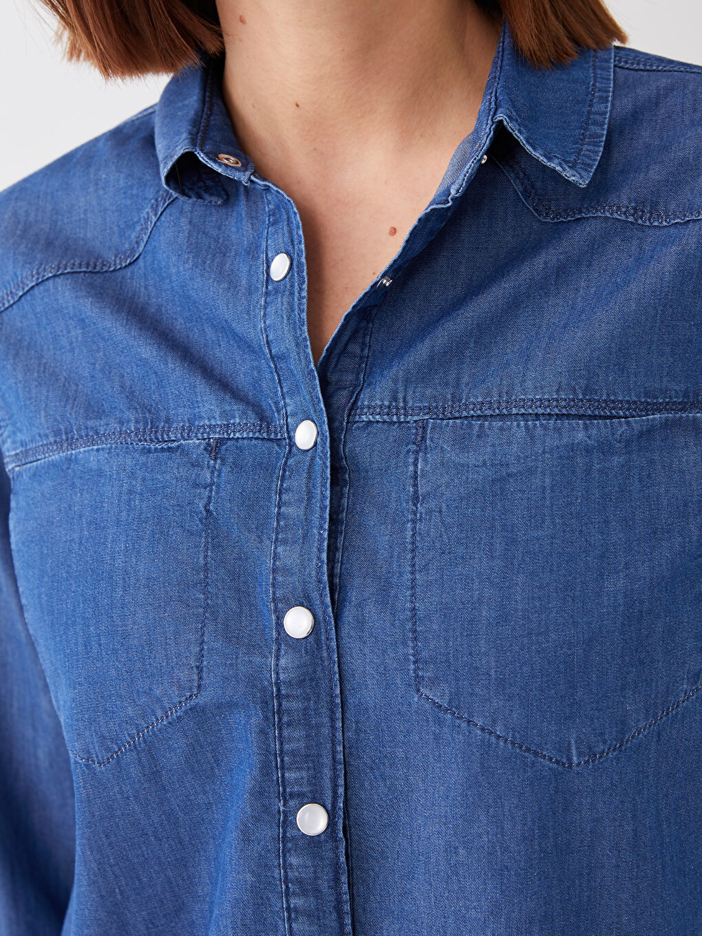 Collared Neck Plain Long Sleeve Women's Denim Tunic-2