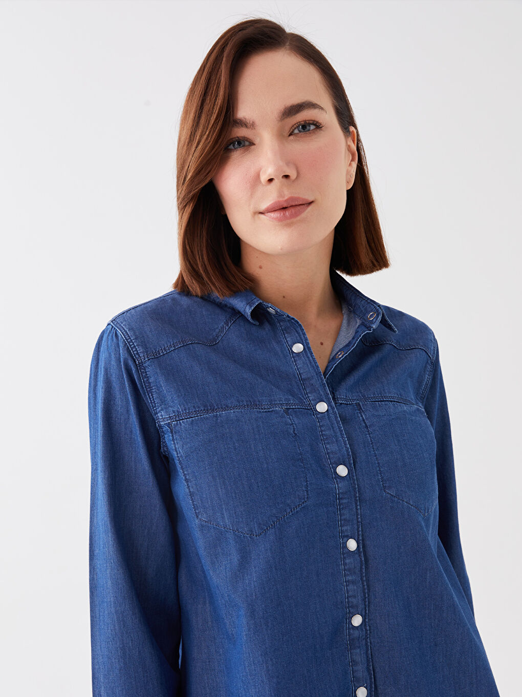 Collared Neck Plain Long Sleeve Women's Denim Tunic-3