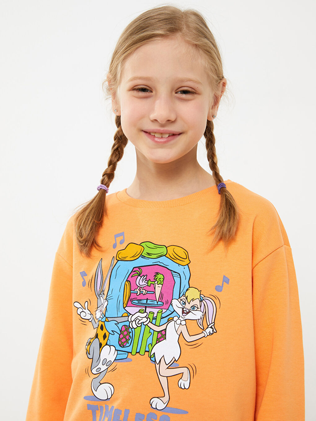 Turuncu Bisiklet Yaka Looney Tunes Baskılı Uzun Kollu Kız Çocuk Sweatshirt