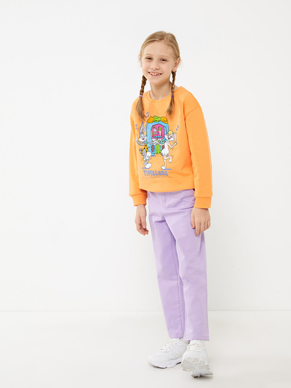 Turuncu Bisiklet Yaka Looney Tunes Baskılı Uzun Kollu Kız Çocuk Sweatshirt-3