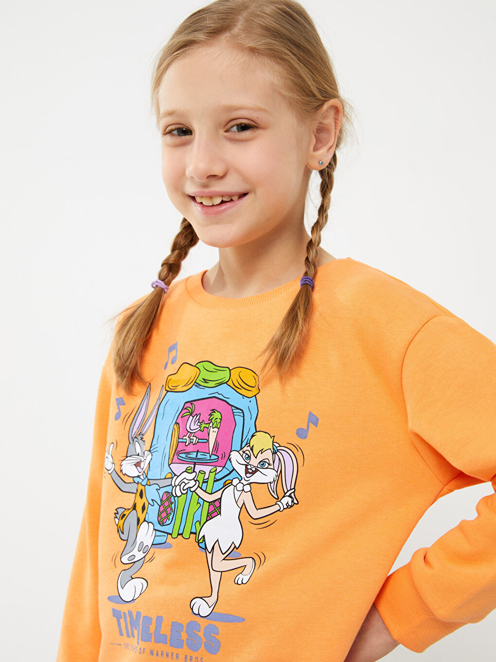 Turuncu Bisiklet Yaka Looney Tunes Baskılı Uzun Kollu Kız Çocuk Sweatshirt-4