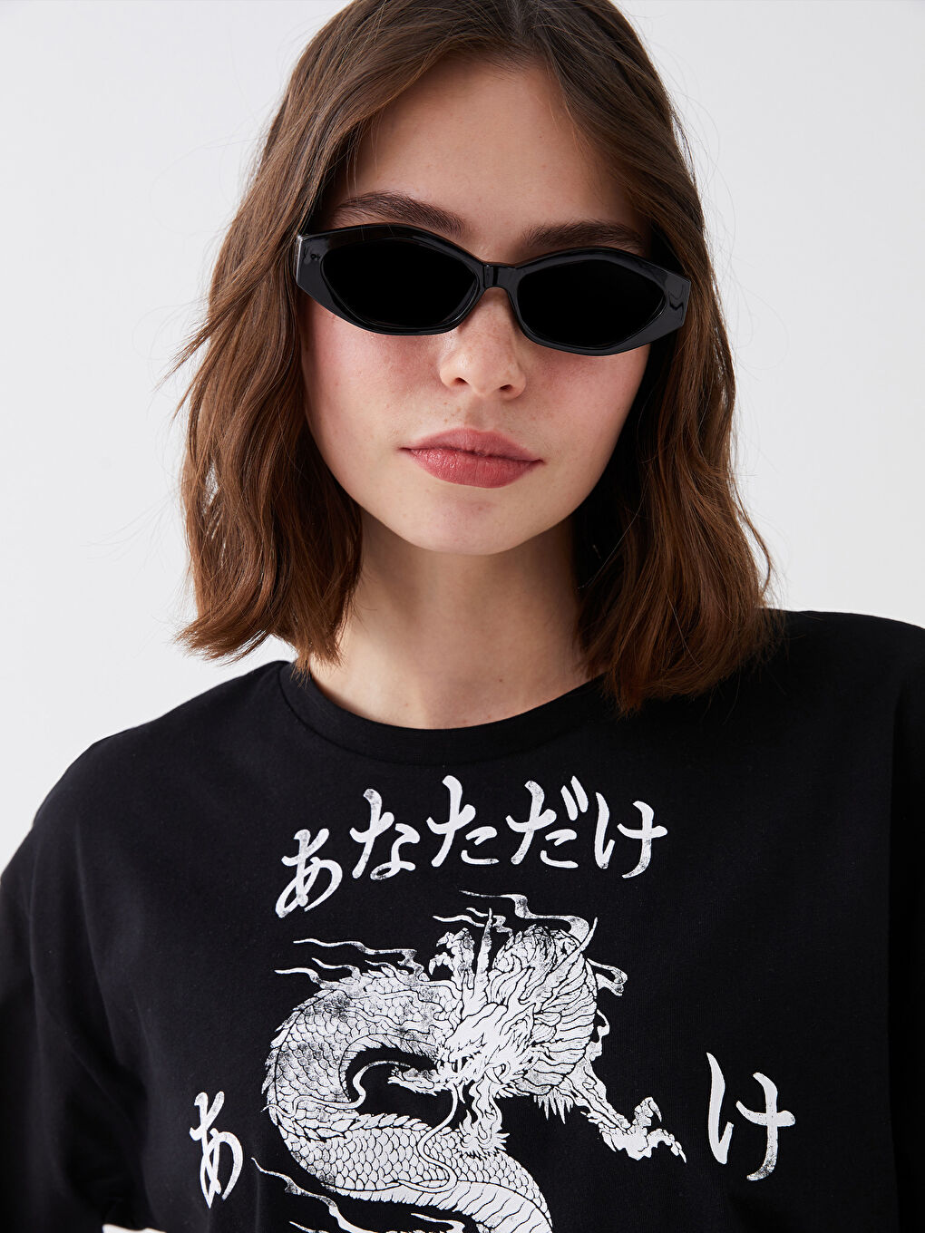 Siyah Bisiklet Yaka Baskılı Kısa Kollu Kadın Crop-2