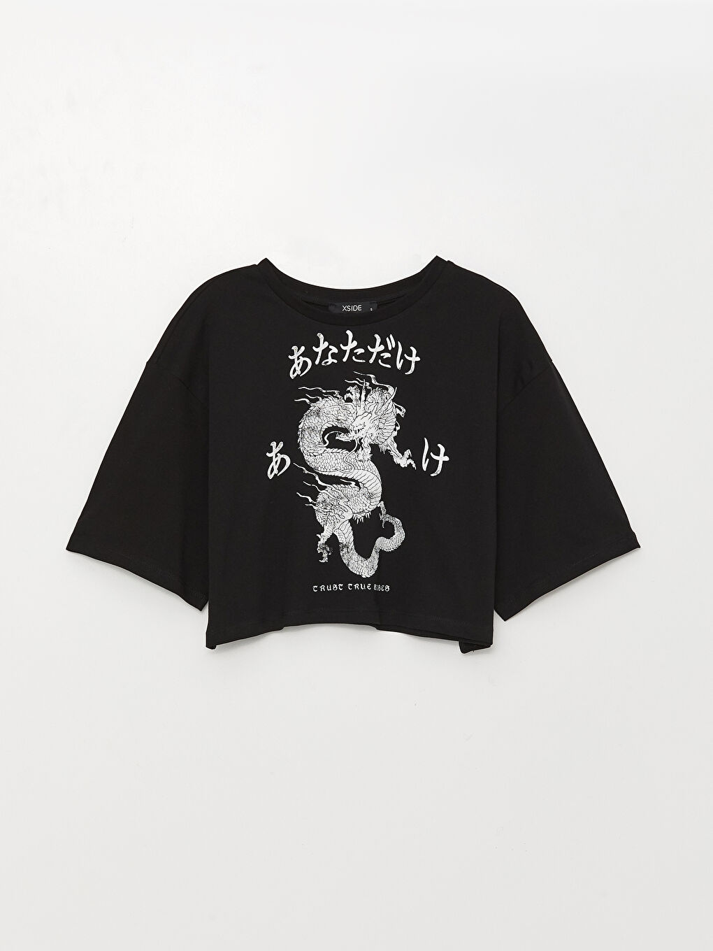 Siyah Bisiklet Yaka Baskılı Kısa Kollu Kadın Crop-5