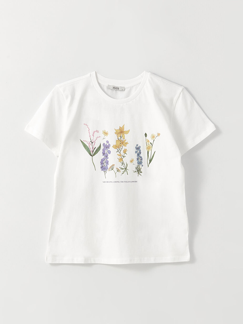 Beyaz Bisiklet Yaka Baskılı Kısa Kollu Kadın Tişört-5