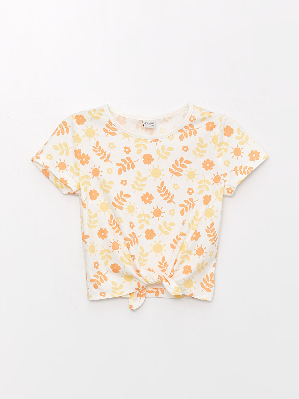 Ekru Bisiklet Yaka Baskılı Kısa Kollu Kız Çocuk Tişört