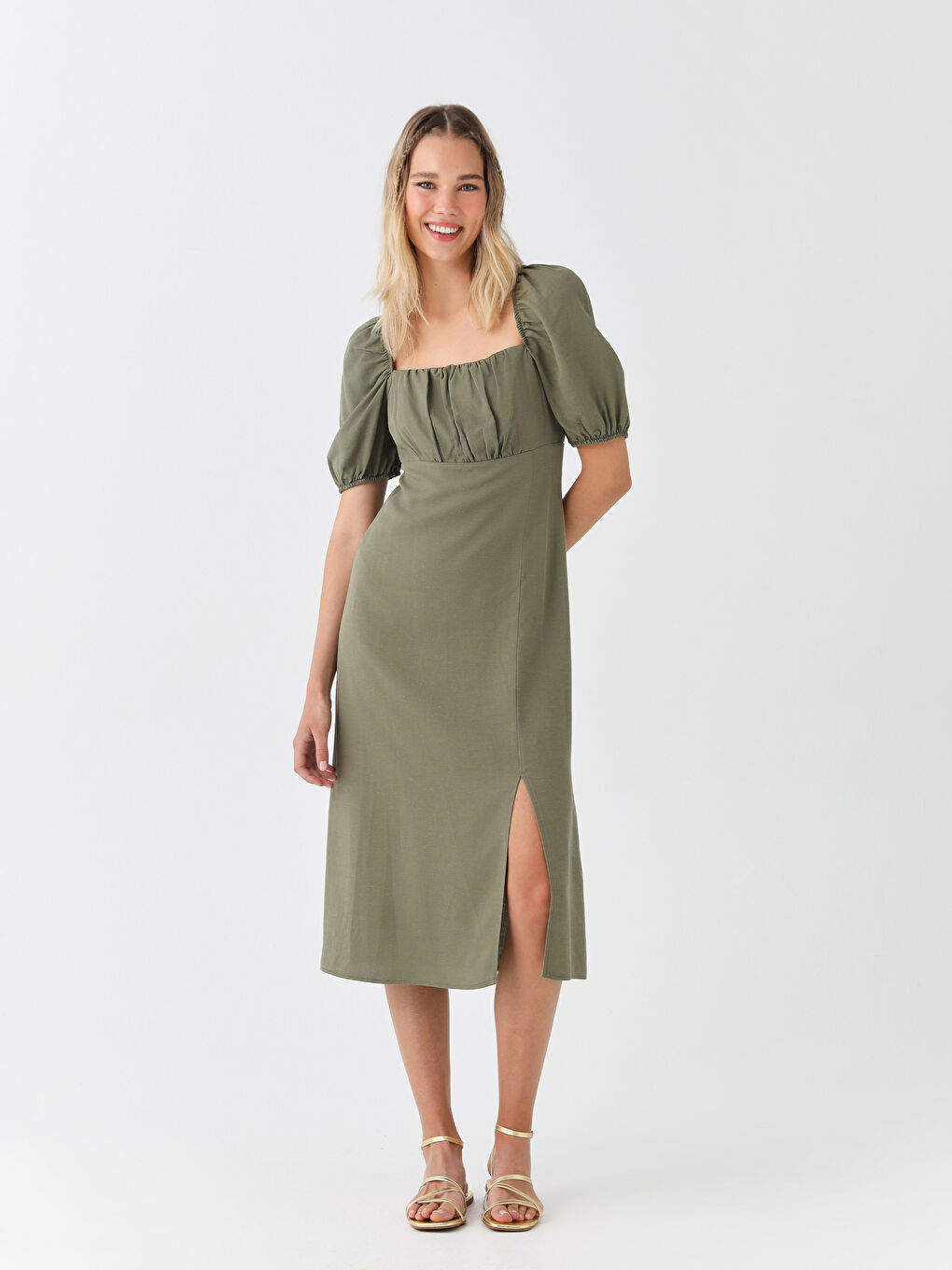 Plain Short Sleeve Ketene Blended Women's Dress with Square Neck -S3FA78Z8-VDU