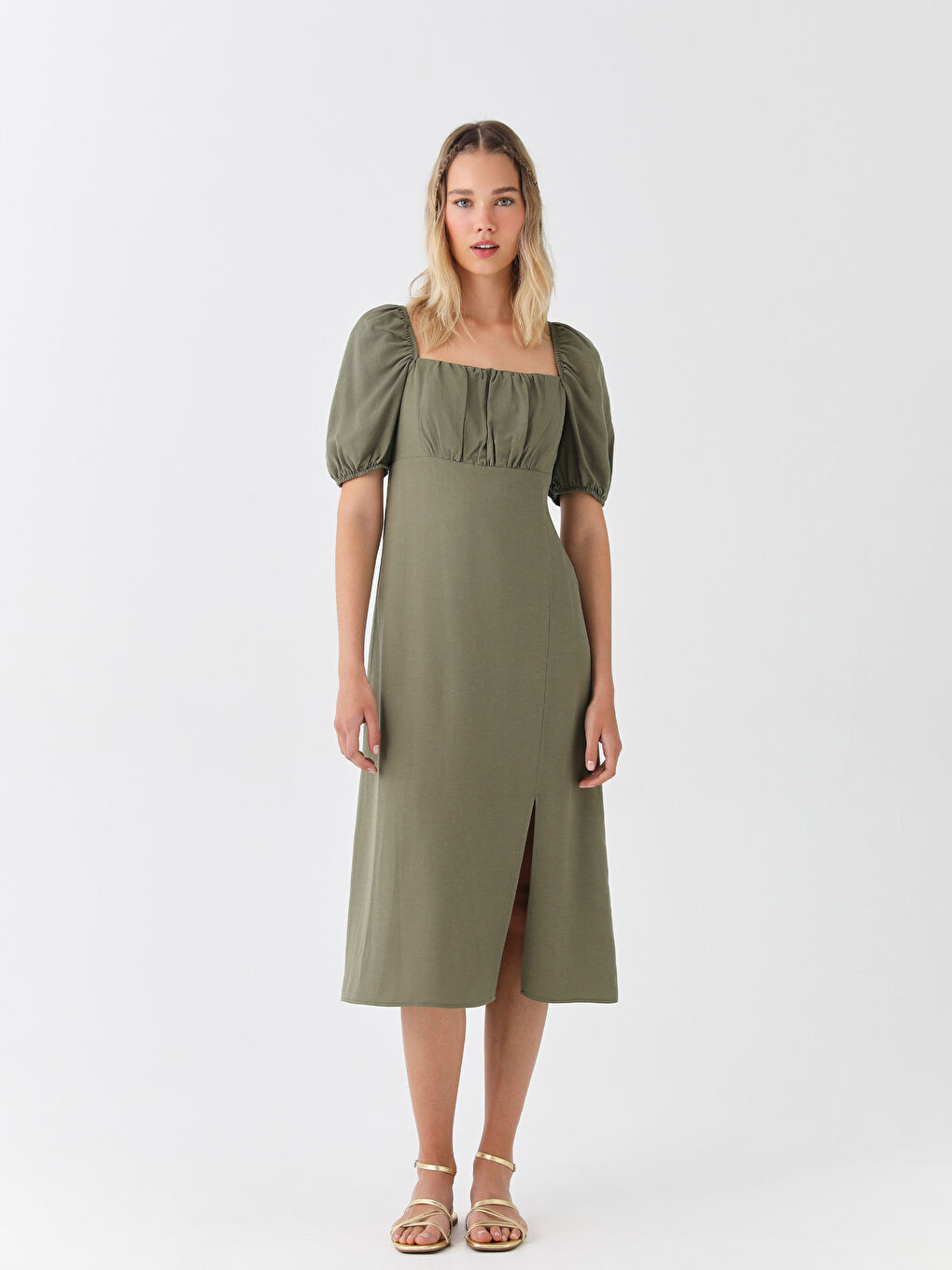 Plain Short Sleeve Ketene Blended Women's Dress with Square Neck -S3FA78Z8-VDU