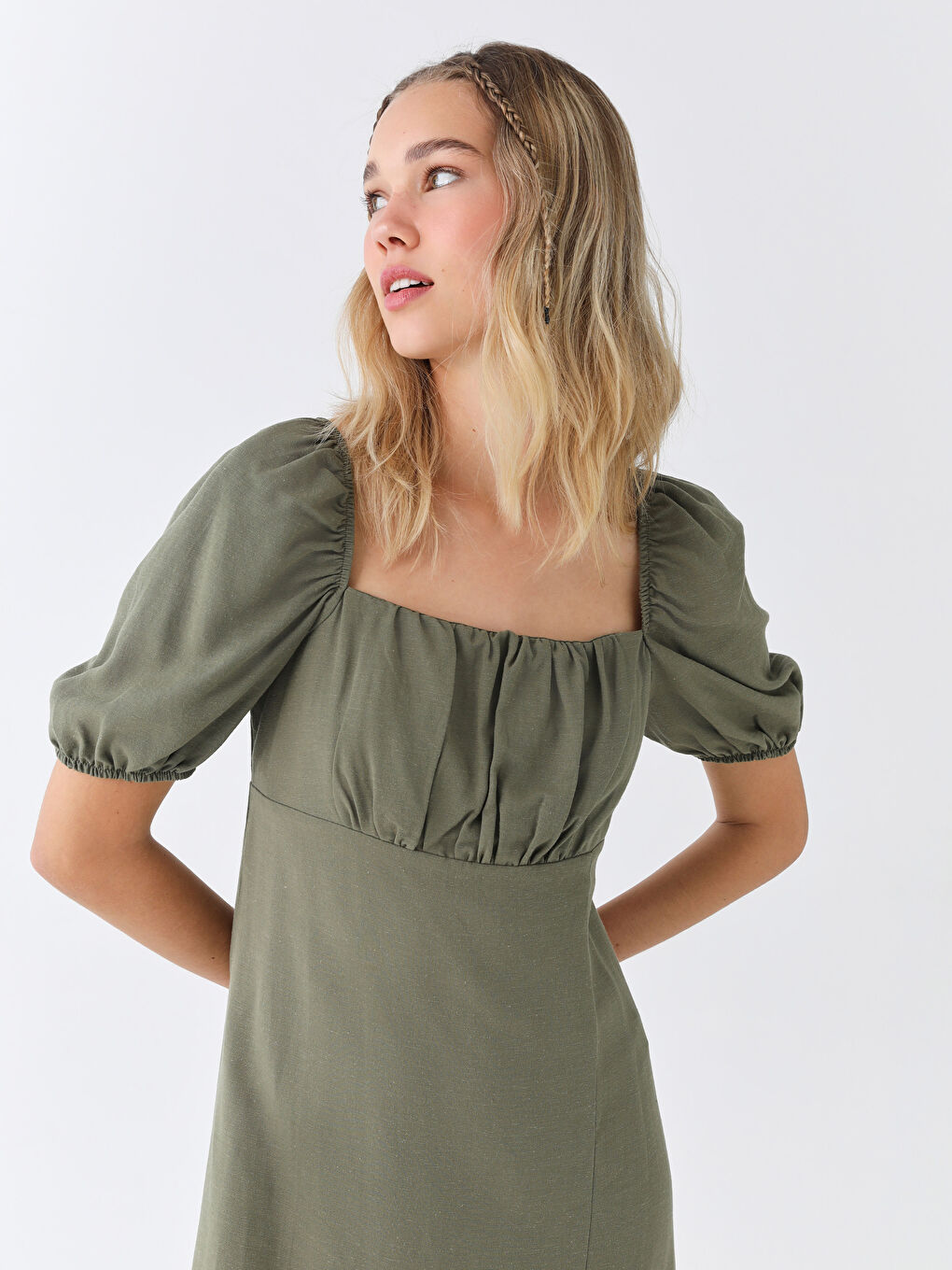 Plain Short Sleeve Ketene Blended Women's Dress with Square Neck -S3FA78Z8-VDU