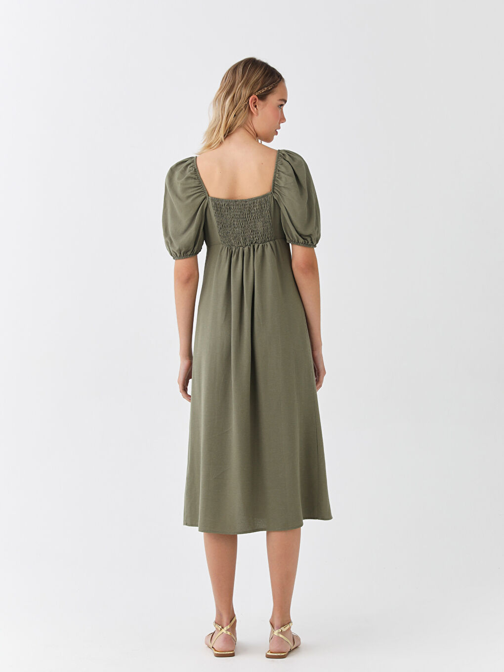 Plain Short Sleeve Ketene Blended Women's Dress with Square Neck -S3FA78Z8-VDU