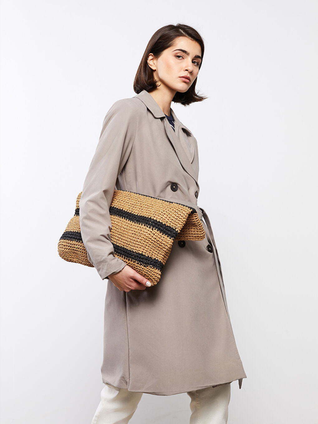 Haki Ceket Yaka Düz Uzun Kollu Kadın Trençkot