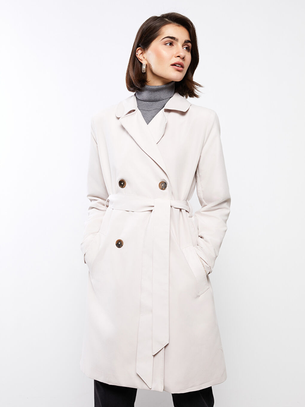 ترانشكوت نسائي سادة بأكمام طويلة وقبة جاكيت-1