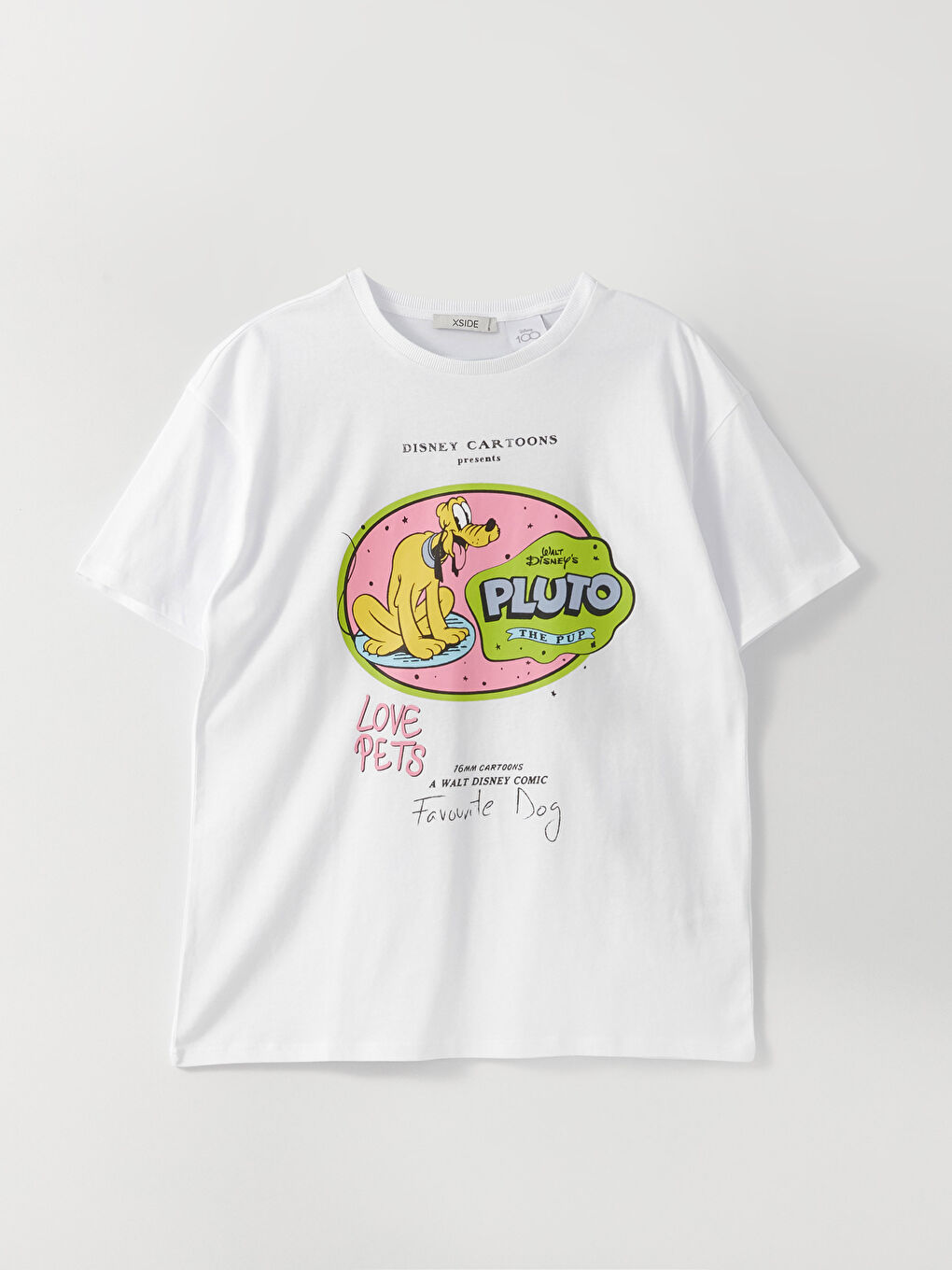 Beyaz Bisiklet Yaka Pluto Baskılı Kısa Kollu Kadın Tişört-5