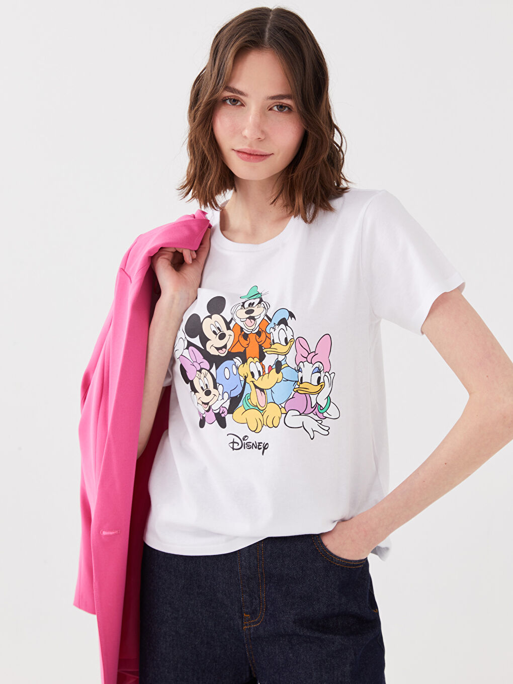 Beyaz Bisiklet Yaka Mickey Mouse Baskılı Kısa Kollu Kadın Tişört