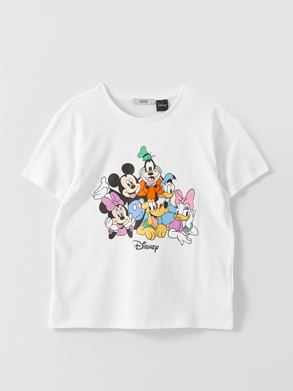 Beyaz Bisiklet Yaka Mickey Mouse Baskılı Kısa Kollu Kadın Tişört-5