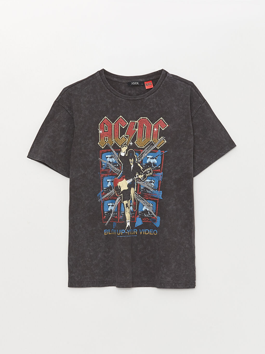XSIDE Antrasit Bisiklet Yaka AC/DC Baskılı Kısa Kollu Kadın Tişört - 5