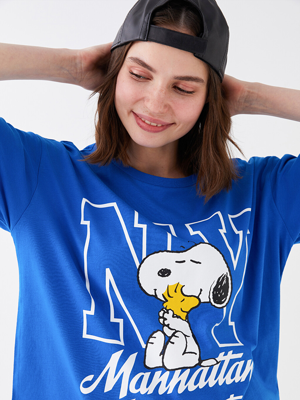 ショルダーリボンスウィムウェア　ブルー XSIDE Bisiklet Yaka Snoopy Baskılı Kısa Kollu Kadın Tişört