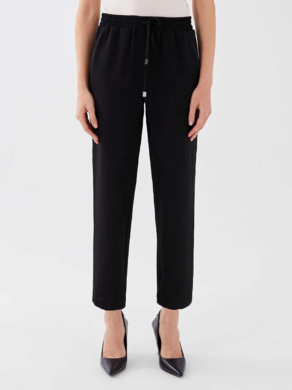 Siyah Kadın Beli Lastikli Düz Pantolon-2