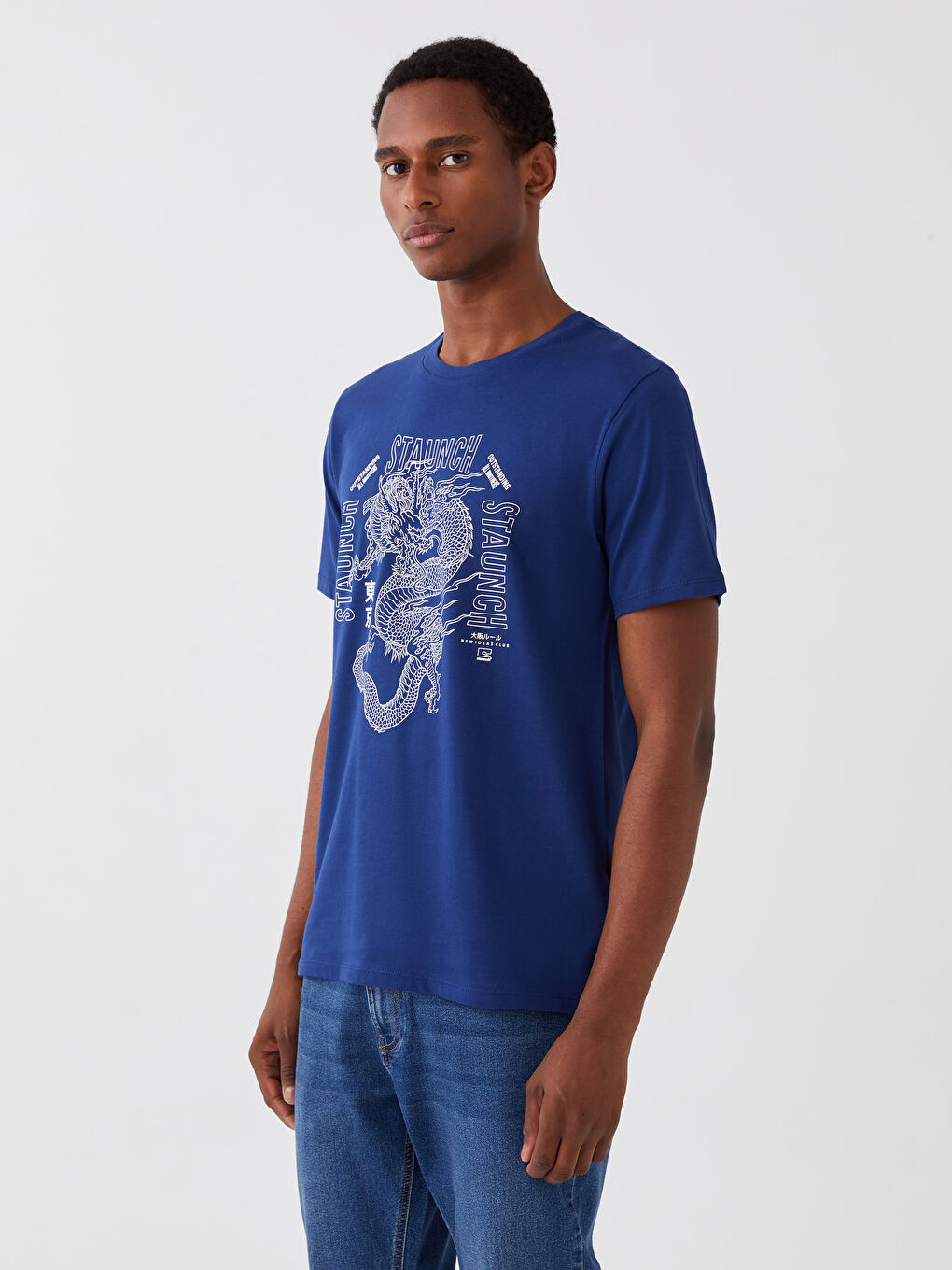 Lacivert Bisiklet Yaka Kısa Kollu Baskılı Penye Erkek Tişört