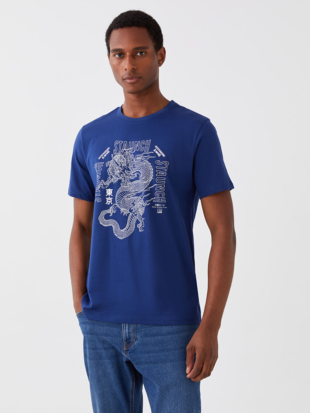 Lacivert Bisiklet Yaka Kısa Kollu Baskılı Penye Erkek Tişört-1