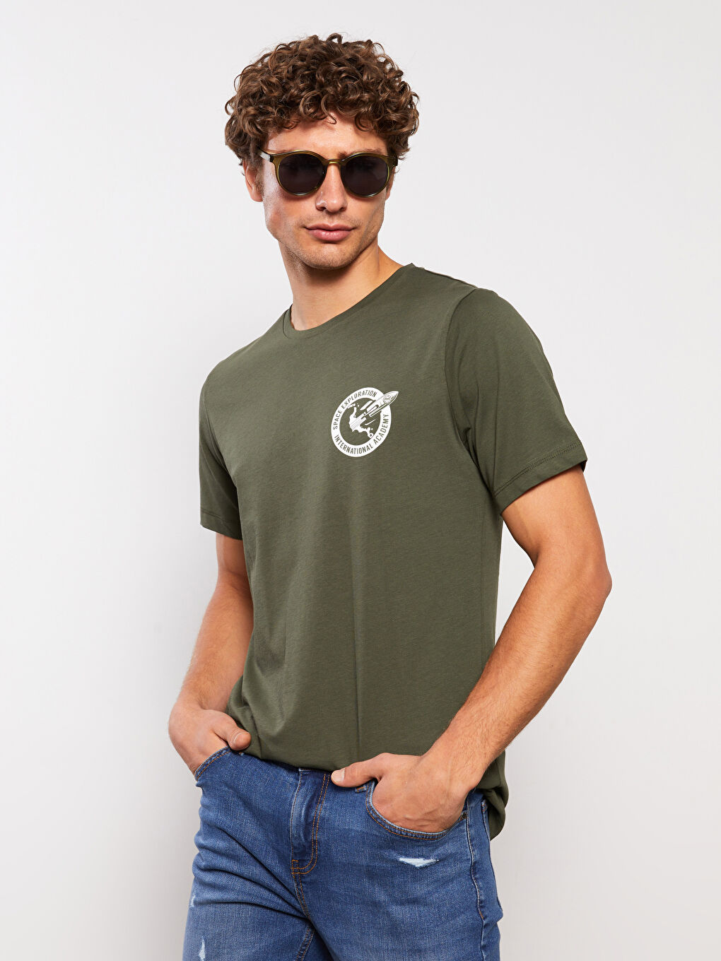 Haki Bisiklet Yaka Kısa Kollu Baskılı Penye Erkek Tişört-2