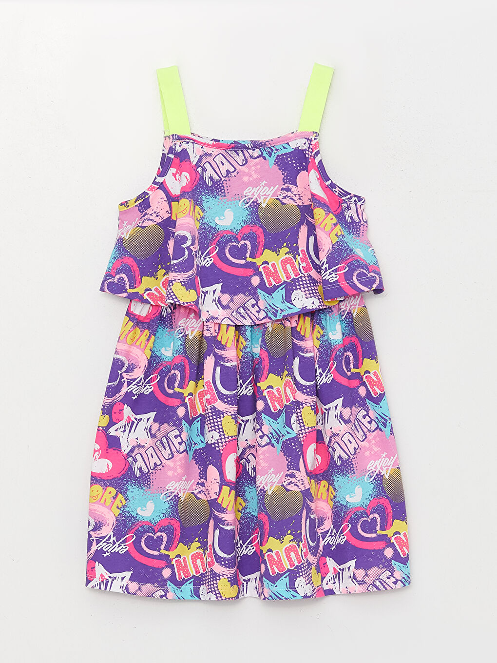Mor Kare Yaka Desenli Askılı Kız Çocuk Elbise