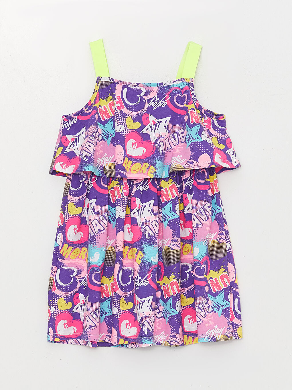 Mor Kare Yaka Desenli Askılı Kız Çocuk Elbise-1