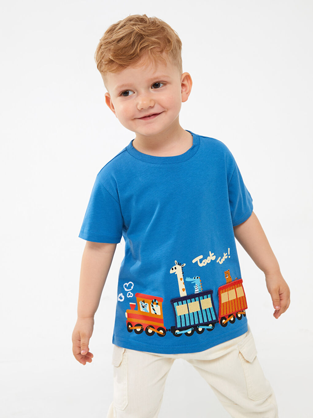Mavi Bisiklet Yaka Kısa Nakışlı Erkek Bebek Tişört